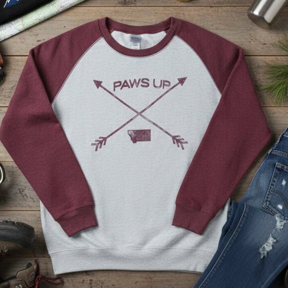 Ouray Tops - Ouray Paws Up Montana Graphic Raglan Sweatshirt Gray - Large